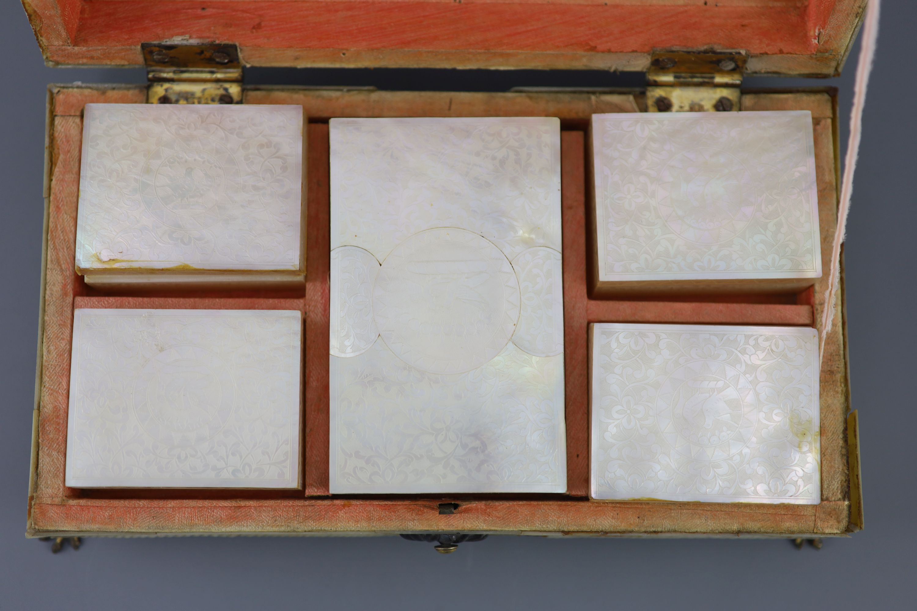 A Cantonese mother of pearl gaming box, mid 19th century, 27cm wide, sections detached